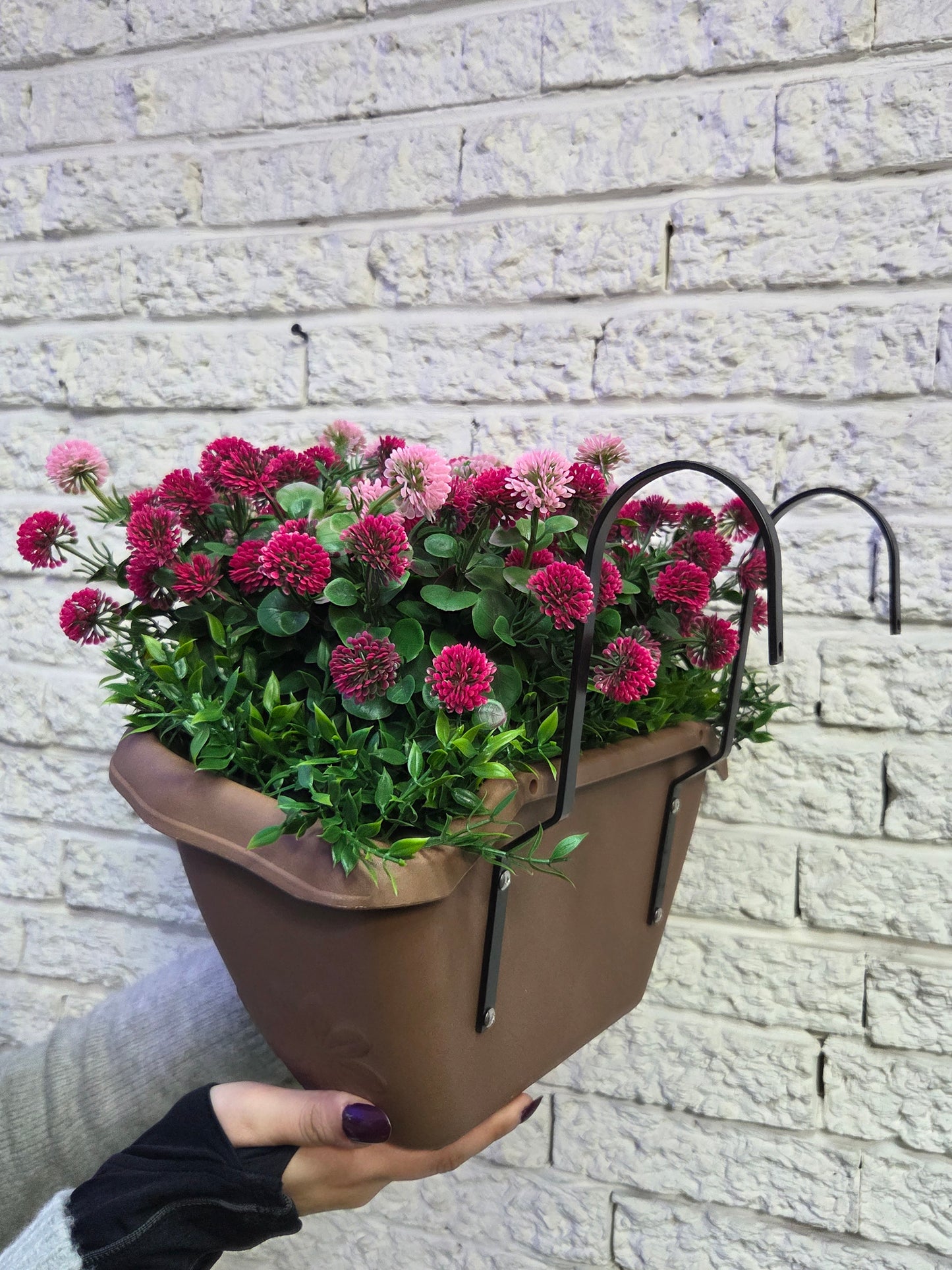 Artificial Pink and Red Flowers in Hanging Plastic Basket UV-resistant for Outdoor Decor 12 In.